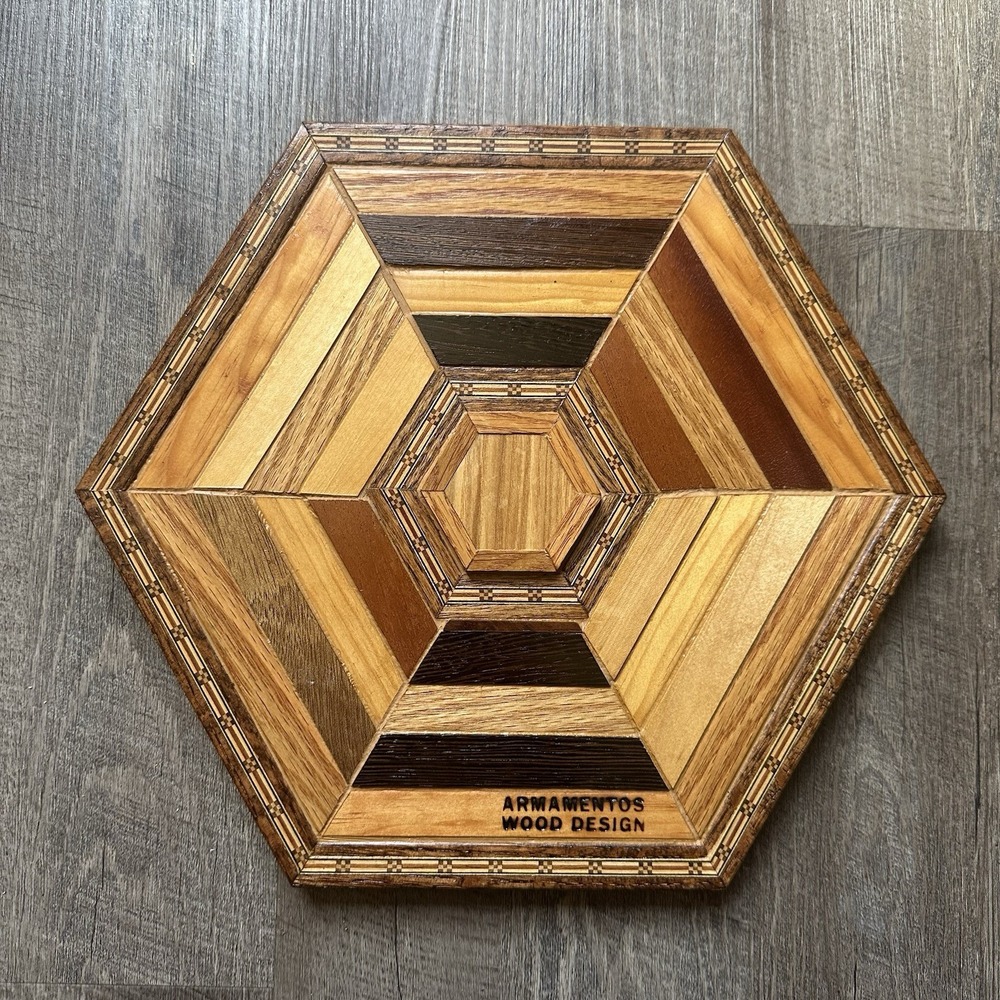 Hexagon Vintage Carved Wood Decor Handcrafted Panel 12x11 Decoration Armamentos